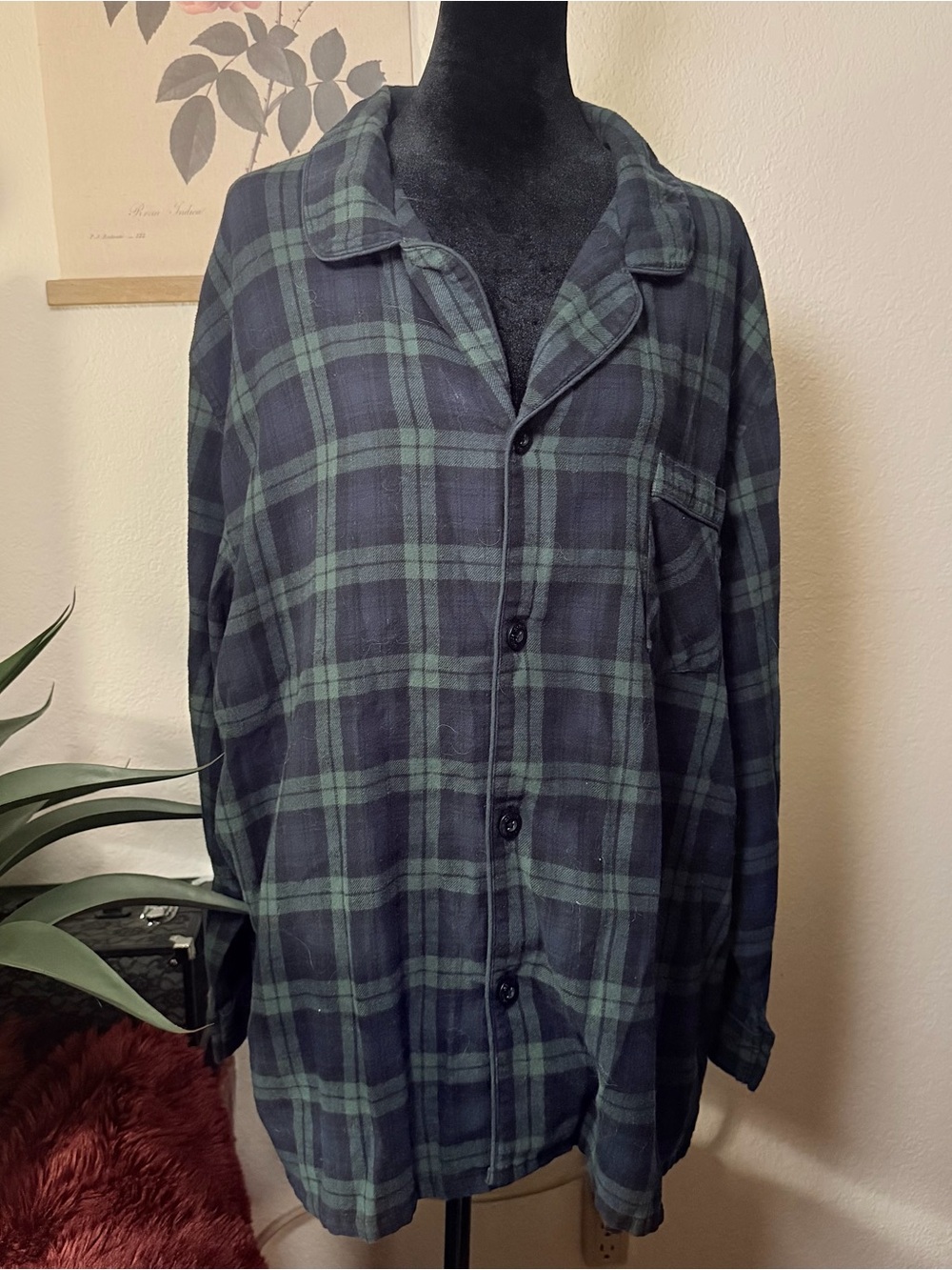 Navy Blue and Green Plaid Button-Up Pajama Shirt XL